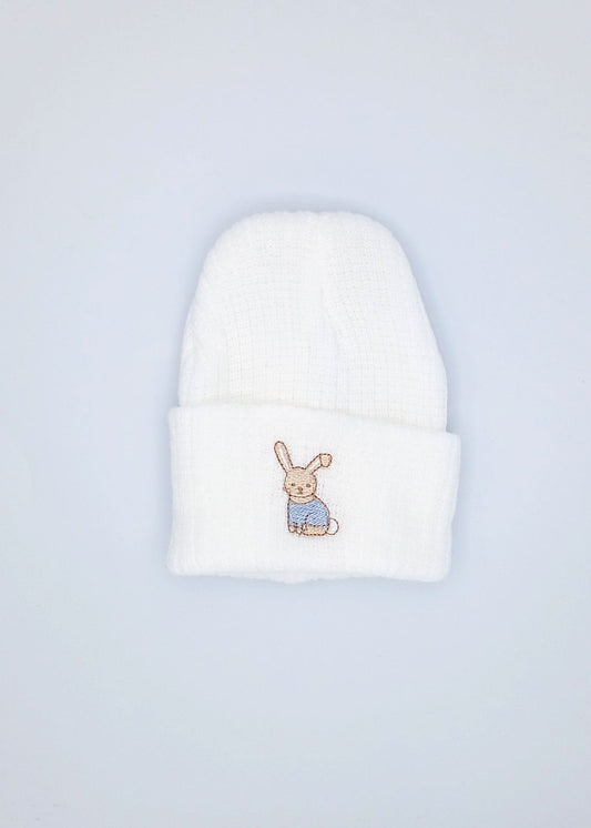 Tiny Baby White Knitted Hat With Blue Rabbit Embroidery Little Mouse Baby Clothing & Gifts