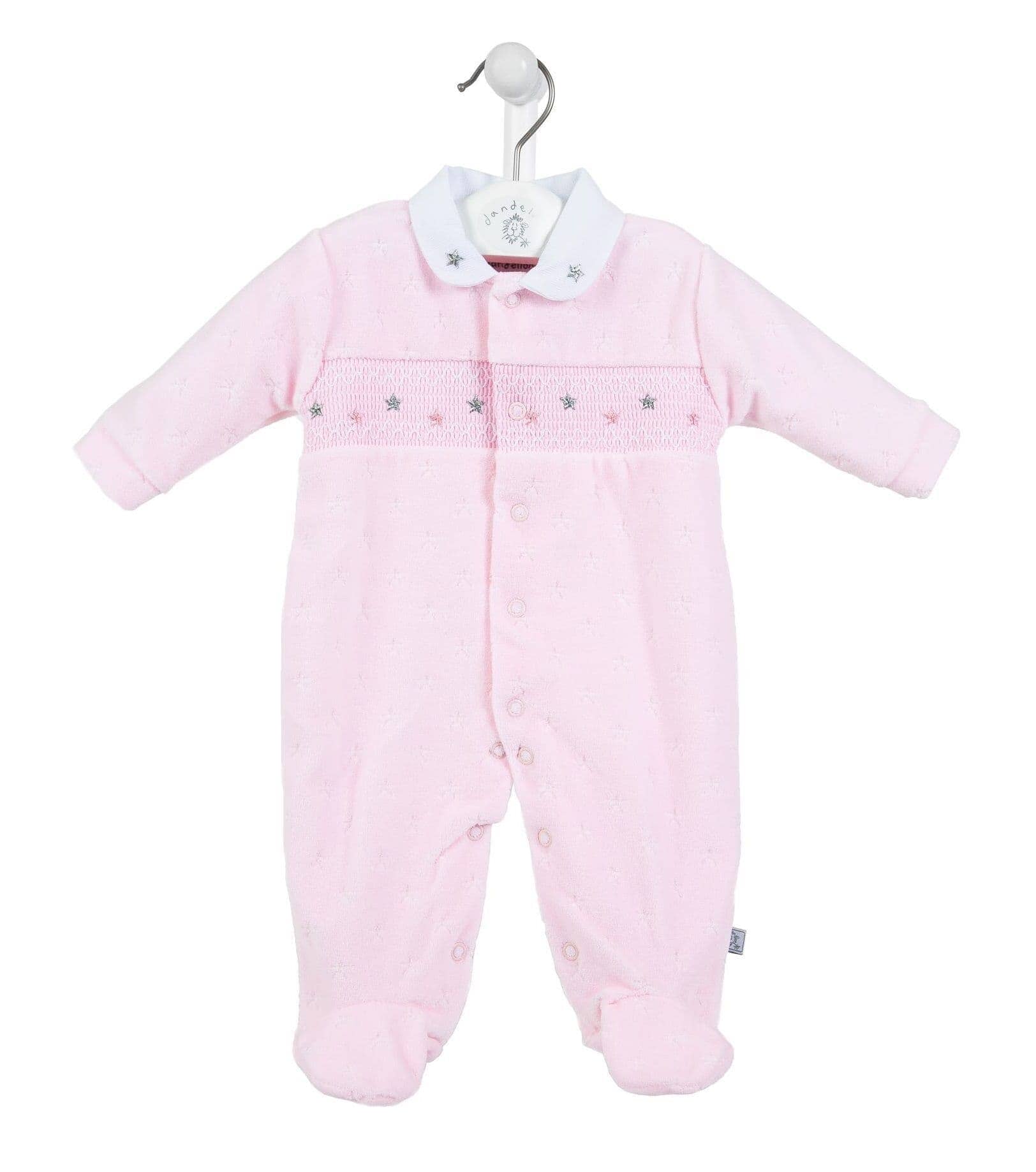Pink star velour smocked sleepsuit Dandelion