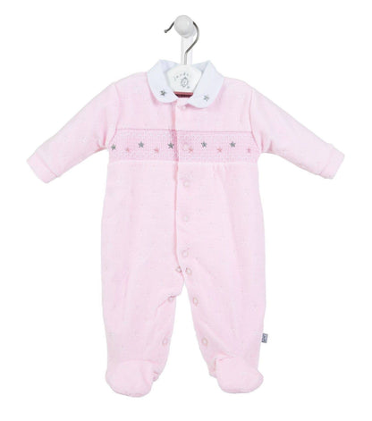 Pink star velour smocked sleepsuit Dandelion