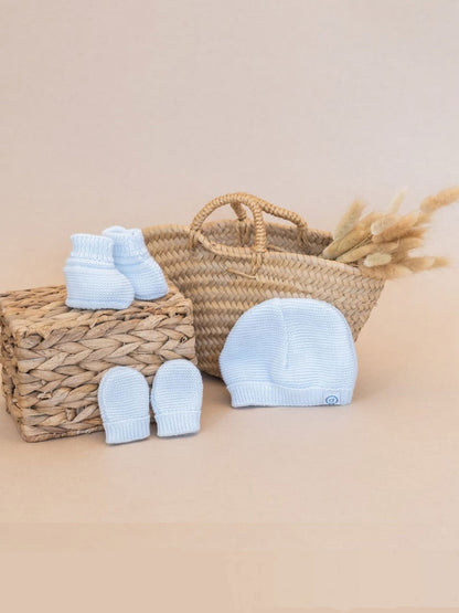 Knitted Hat, Mittens & Booties Set - Baby Blue