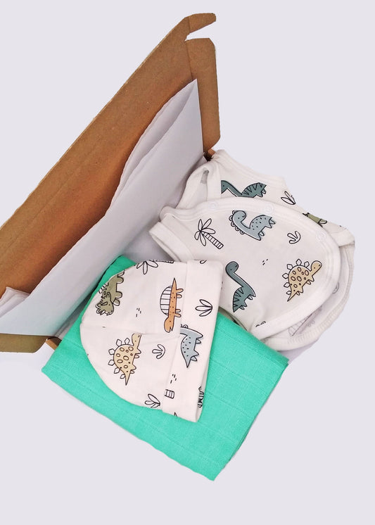 Bright Dino Buddies Gift Box - Incubator Vest, Hat & Muslin Gift Set Little Mouse Baby Clothing & Gifts 