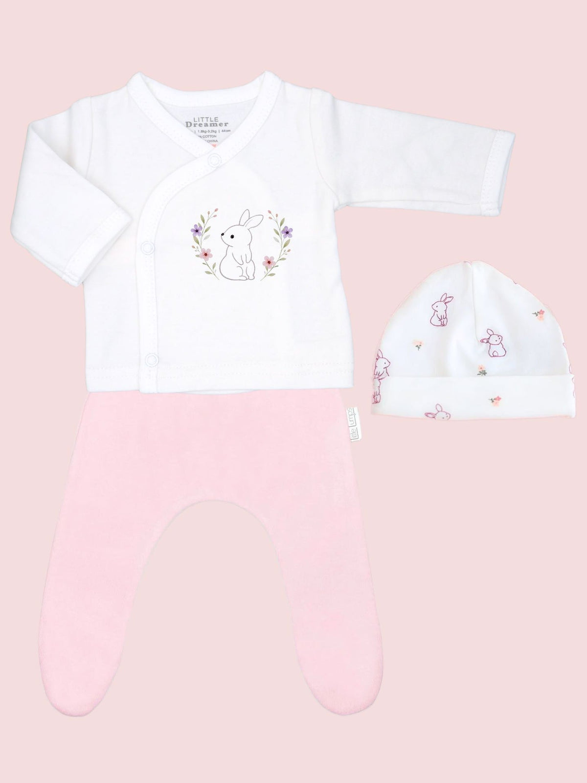 Flower Bunny 100% Cotton Premature Top, Trouser & Hat Set - Grey or Pink Trousers