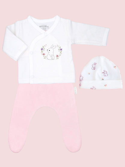 Flower Bunny 100% Cotton Premature Top, Trouser & Hat Set - Grey or Pink Trousers