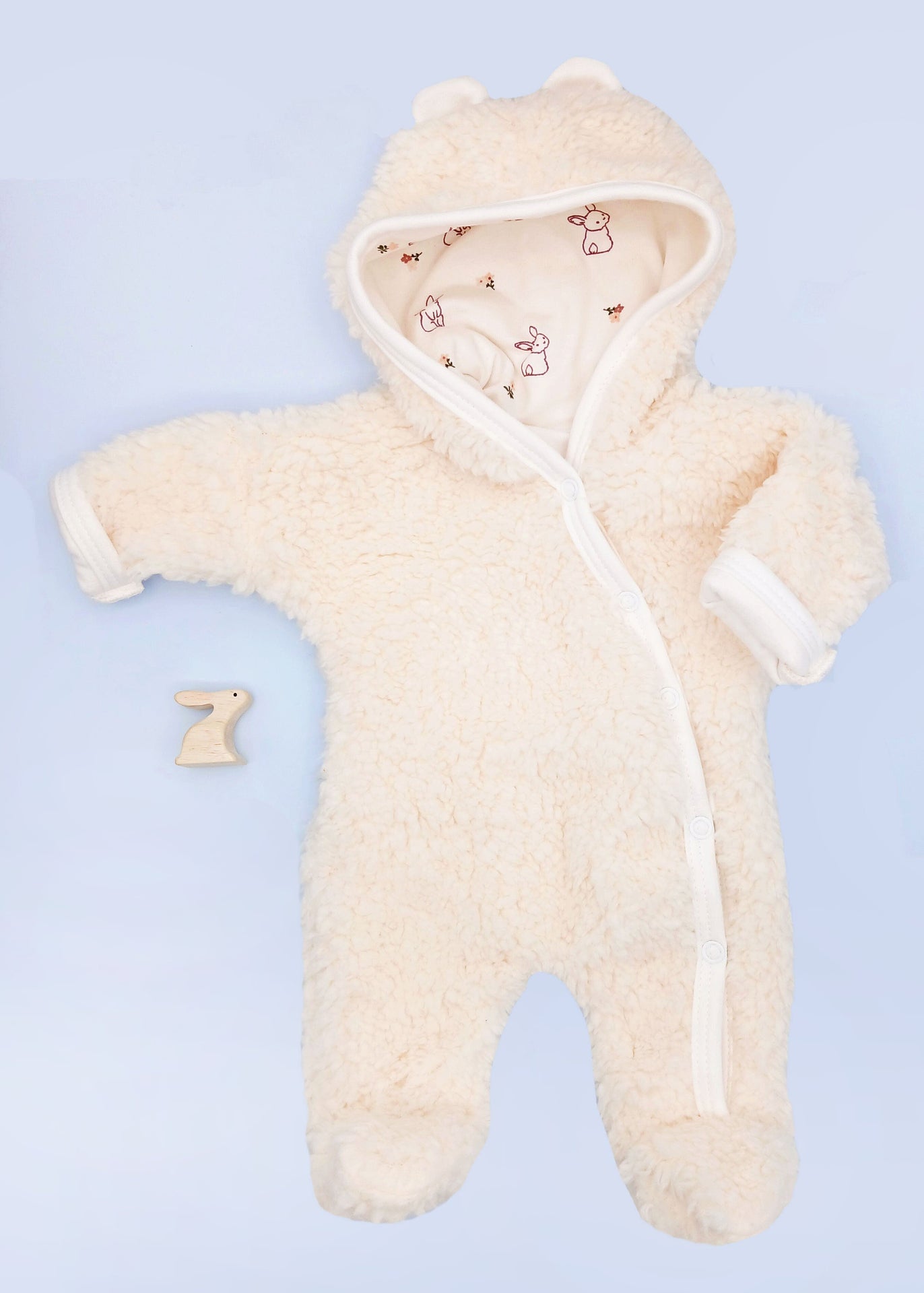 Tiny & Small Fluffy Pramsuit - Cream with Rabbit Fabric Hood Tiny & Small