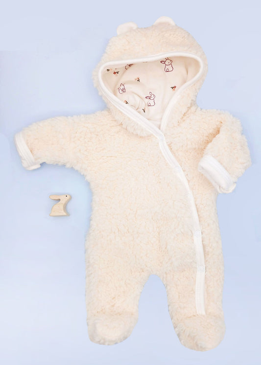 Tiny & Small Fluffy Pramsuit - Cream with Rabbit Fabric Hood Tiny & Small