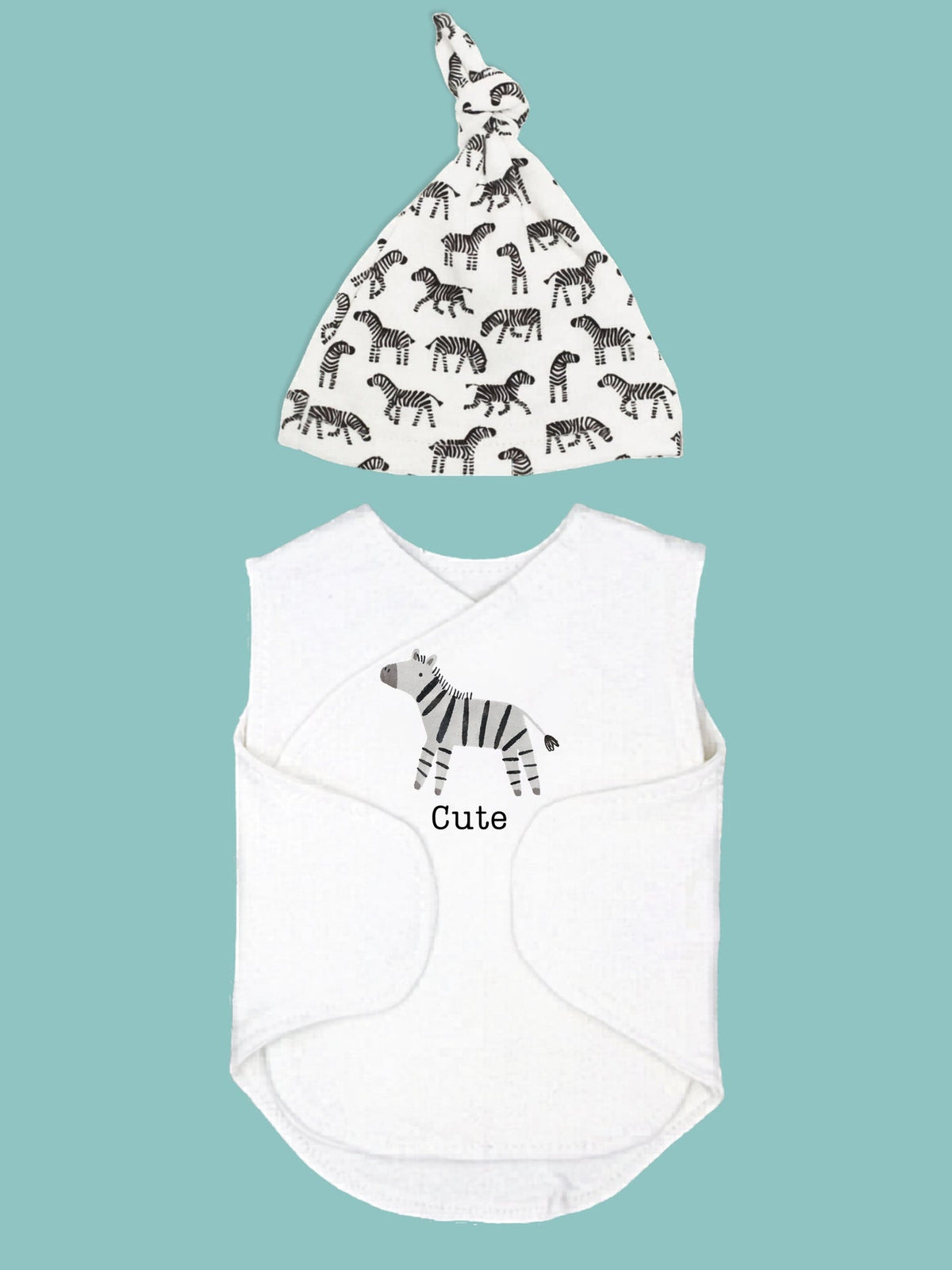 Zebra print organic cotton incubator vest with knotted hat for premature babies, front view