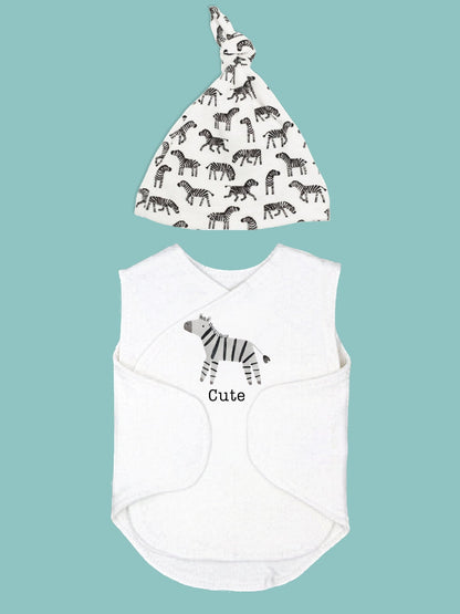 Zebra print organic cotton incubator vest with knotted hat for premature babies, front view