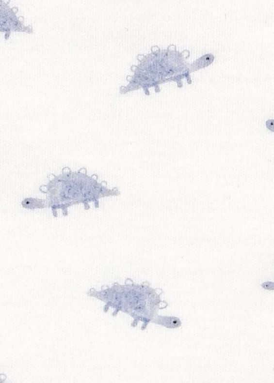 White fabric with a repeating pattern of small blue dinosaurs.