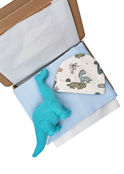 Diplodocus Gift Box - Hat, Muslin and Toy Little Mouse Baby Clothing and Gifts Ltd 