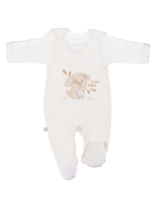 Early Baby Top & Puppy Footed Dungarees Set - Cream Dungaree EEVI 