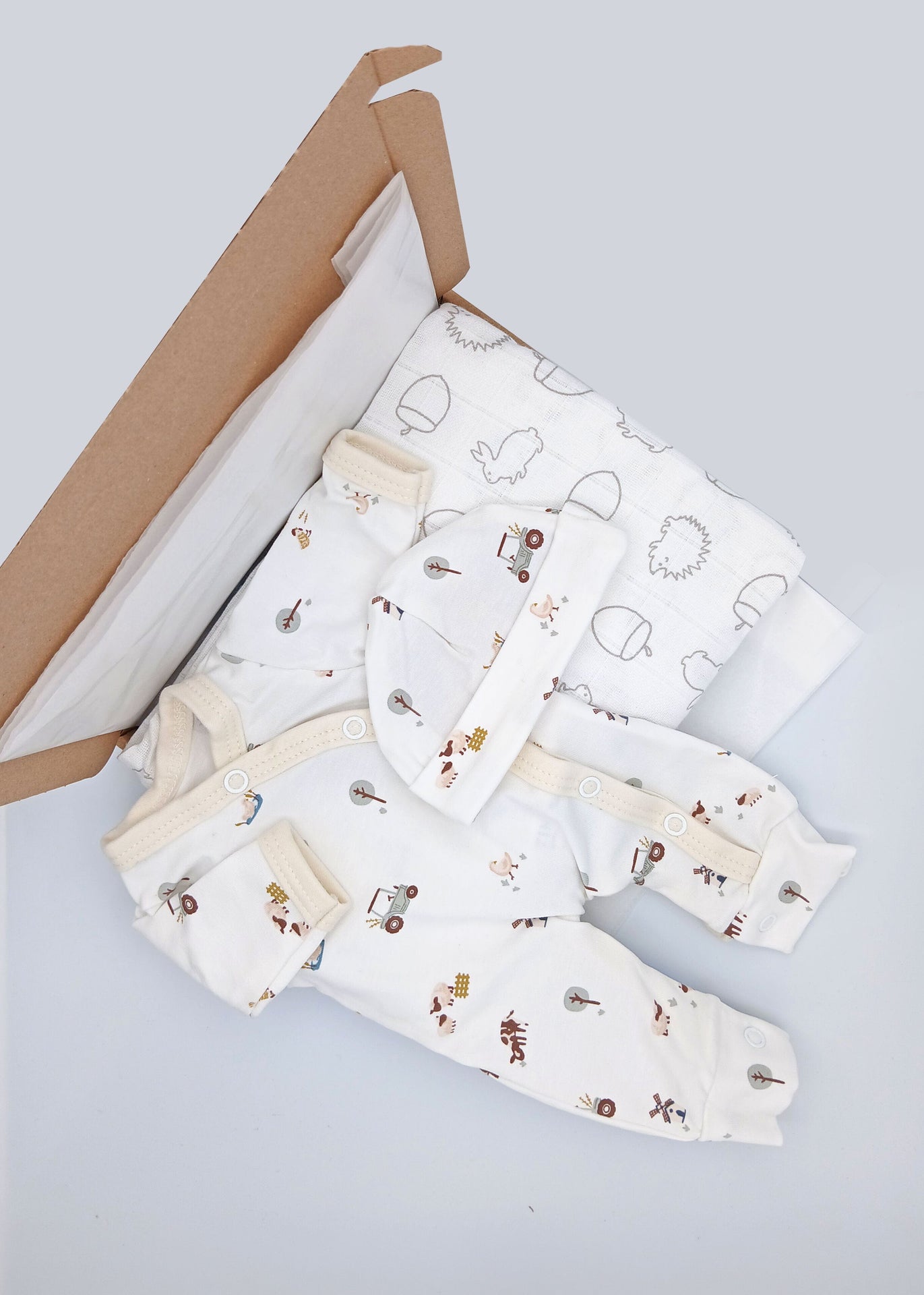 Farm Time Gift Box - Sleepsuit, Hat & Muslin Little Mouse Baby Clothing & Gifts