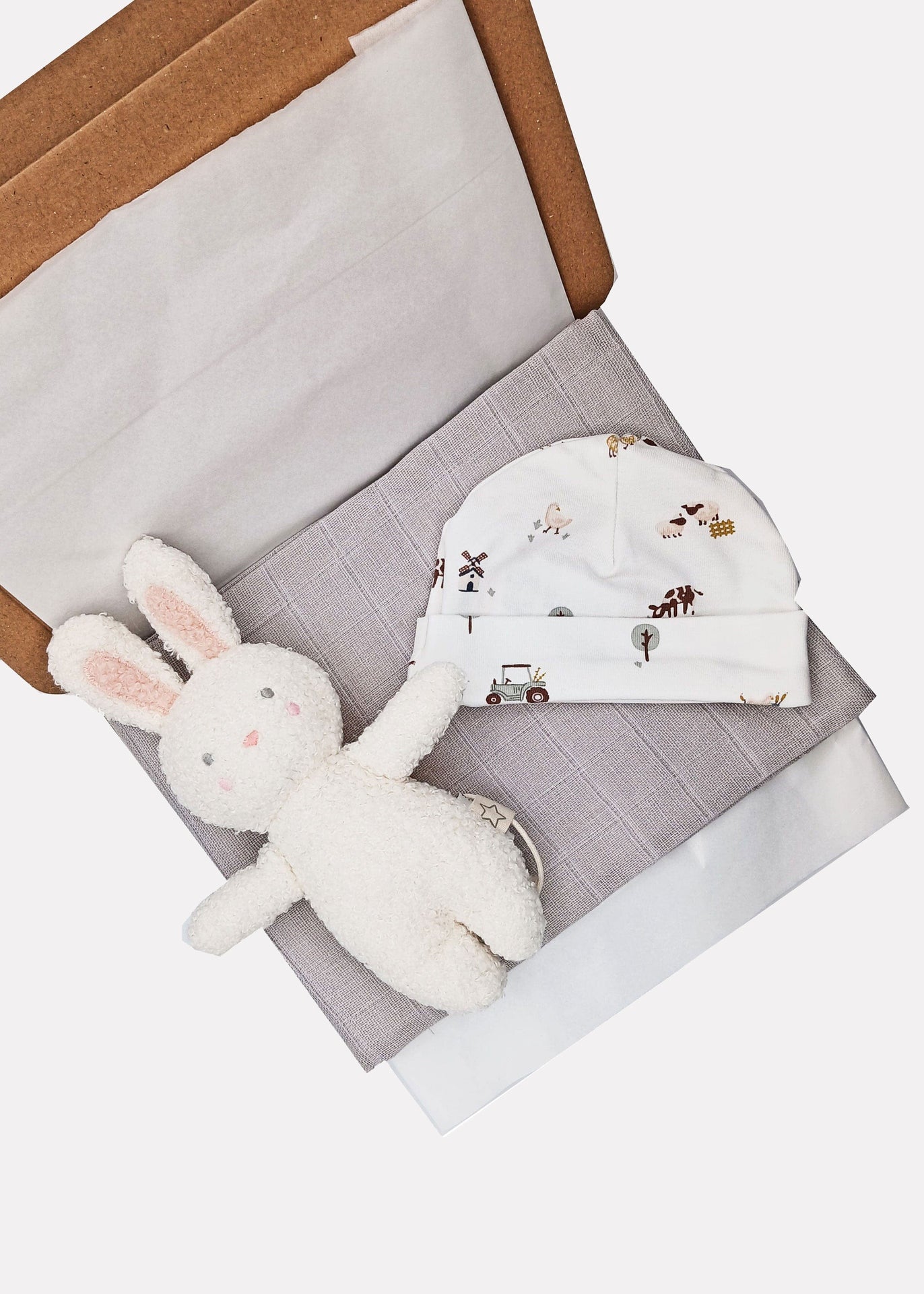 Farmyard Rabbit Gift Box - Hat, Muslin and Rattle Little Mouse Baby Clothing & Gifts