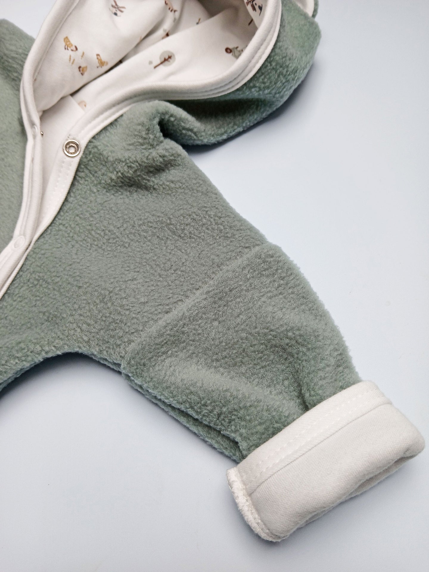 Premature Baby Pramsuit - Green Fleece with Farmyard Fabric Hood Tiny & Small