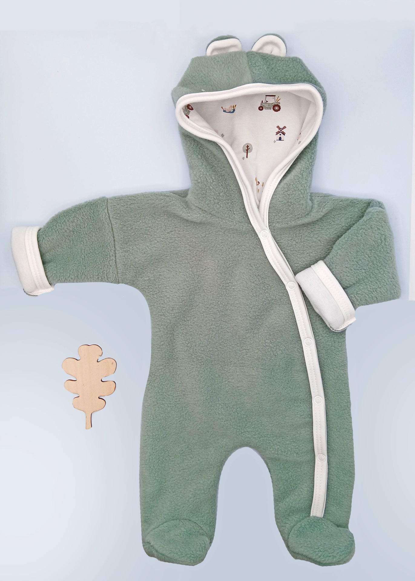 Premature Baby Pramsuit - Green Fleece with Farmyard Fabric Hood Tiny & Small