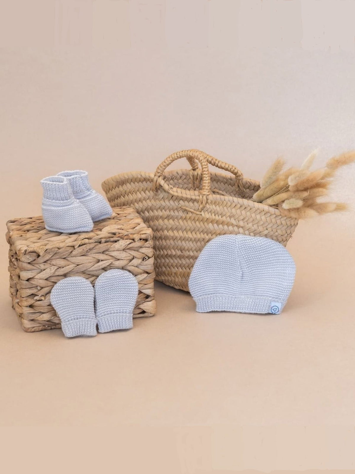 Knitted Hat, Mittens & Booties Set - Grey