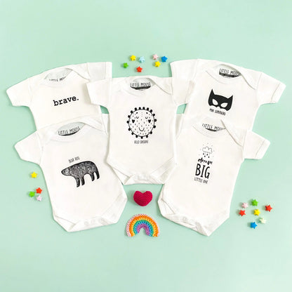 Pink "Brave" premature baby bodysuit, front view