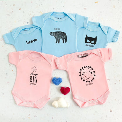 Blue "Bear Hug" premature baby bodysuit, back view