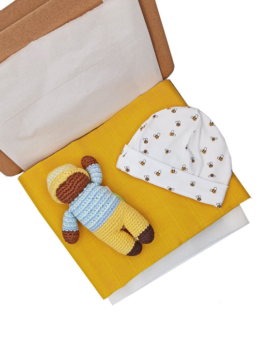 The Bee Man Gift Box - Hat, Muslin and Toy Little Mouse Baby Clothing and Gifts Ltd 