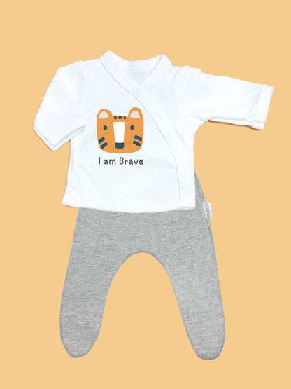 'I am Brave' Tiger top & trouser set - 2 colours available. (Grey/Black) Top & Trousers Tiny & Small 3-5lb Grey Trousers 