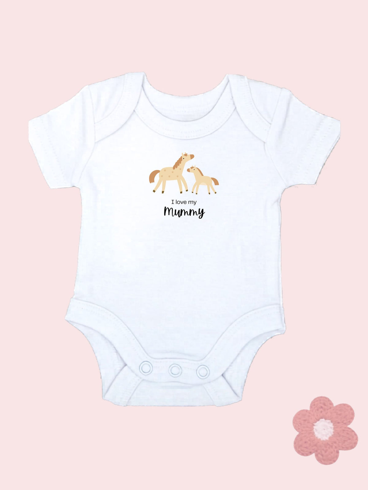 "I Love Mummy" horse motif bodysuit and sage set, close-up of embroidery detail