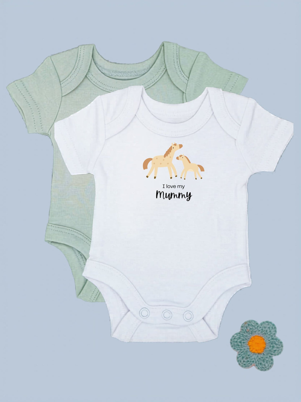 "I Love Mummy" horse motif white bodysuit and sage bodysuit set by Little Dreamer