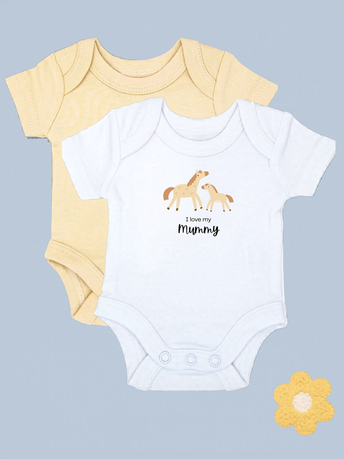 "I Love Mummy" horse motif white bodysuit and buttermilk bodysuit set by Little Dreamer