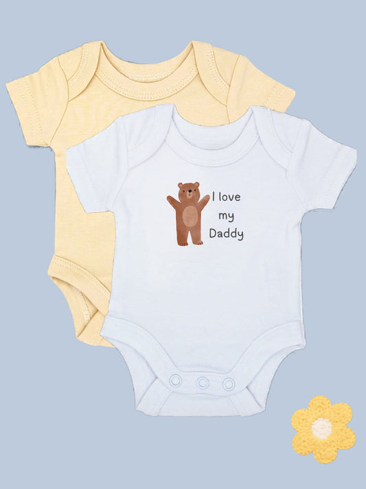 "I Love Daddy" teddy motif white bodysuit and buttermilk bodysuit set by Little Dreamer