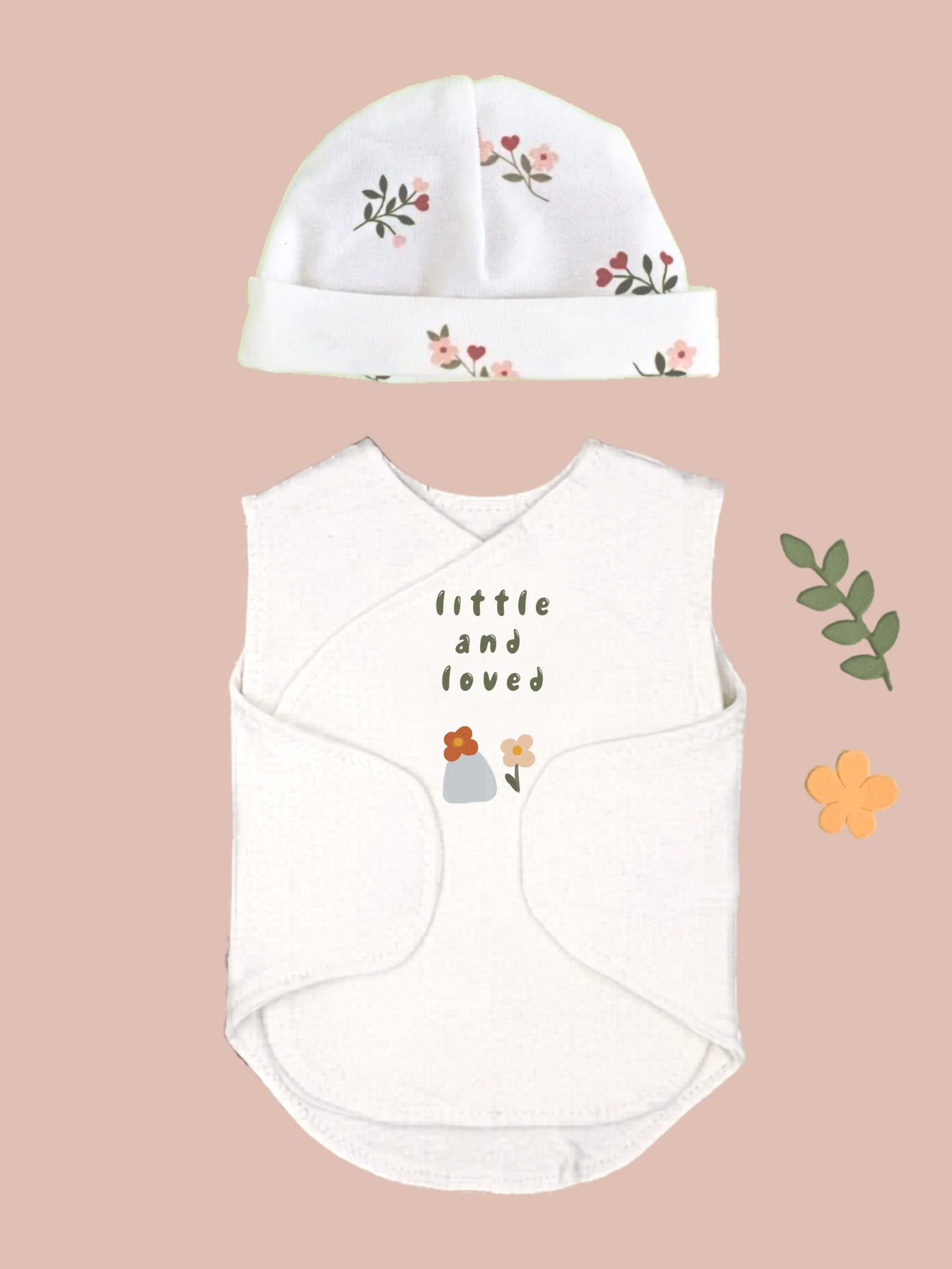 Organic Cotton Hat & Incubator Vest Set with 'Little and Loved' Flower Print. Bodysuit / Vest Little Dreamer 