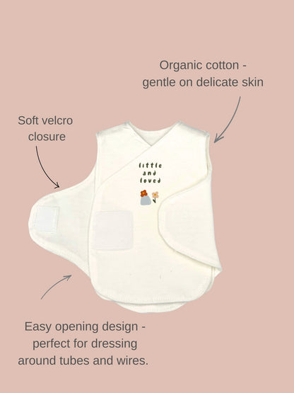 Organic Cotton Hat & Incubator Vest Set with 'Little and Loved' Flower Print. Bodysuit / Vest Little Dreamer 