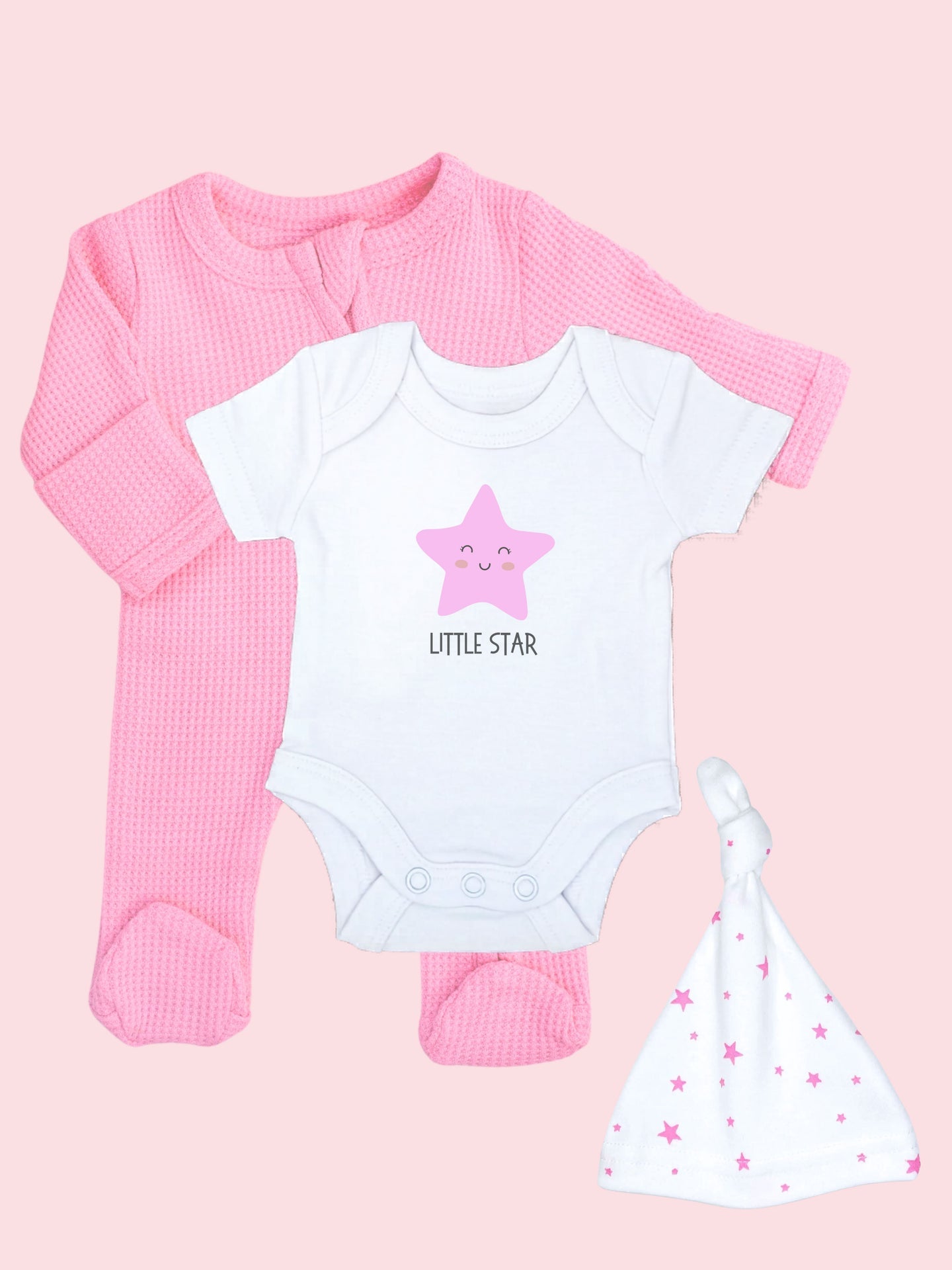 Bright Pink Zipped Sleepsuit, 'Little Star' Motif Bodysuit, Pink Star Hat and Socks Set. Set Little Dreamer 