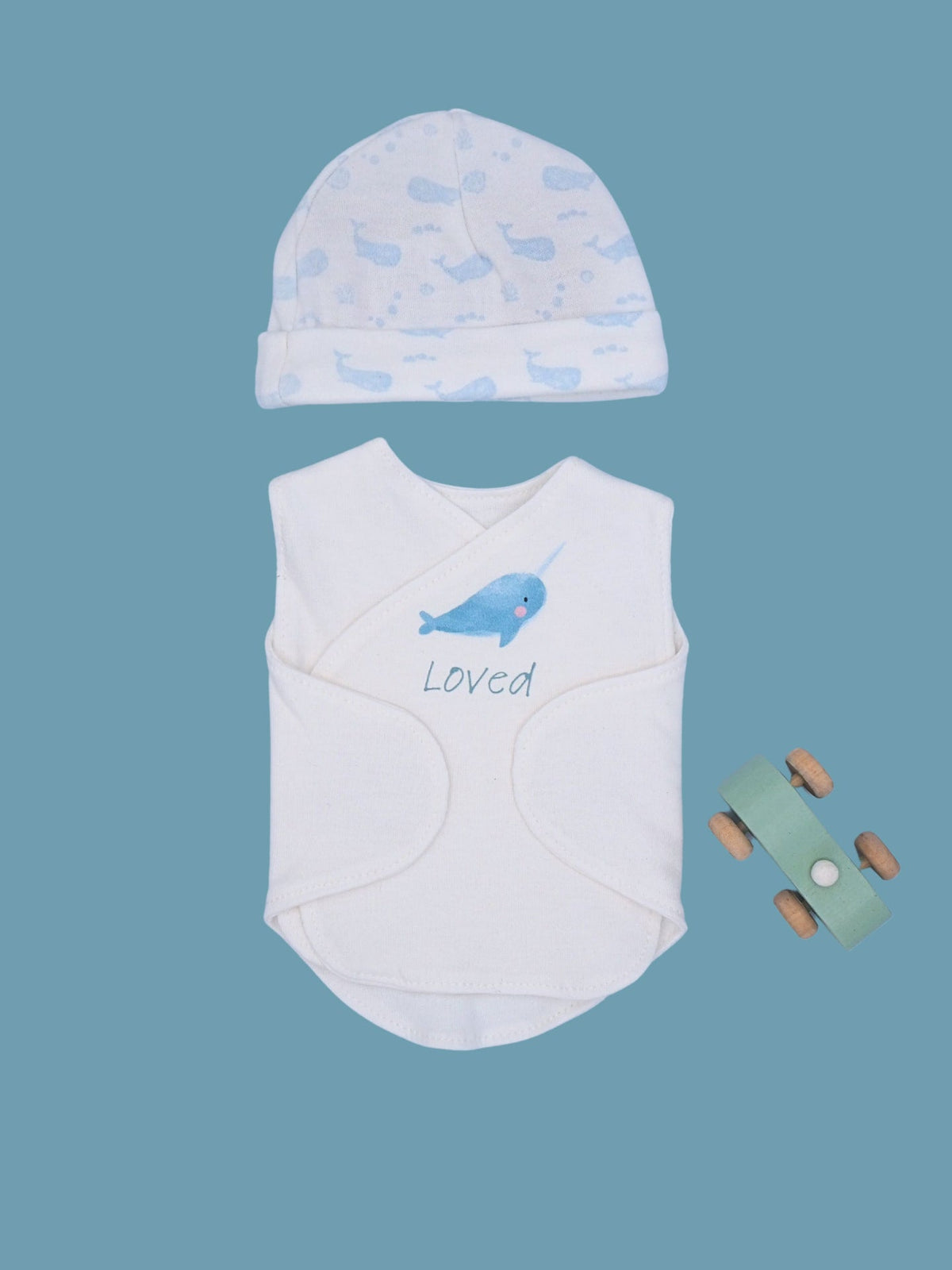 Organic Cotton Hat & Incubator Vest Set with 'Loved' Narwhal Print.