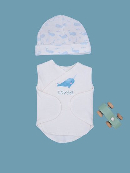 Organic Cotton Hat & Incubator Vest Set with 'Loved' Narwhal Print.