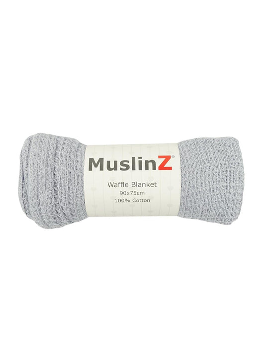 100% pure cotton grey waffle blanket 90x75cm by Muslinz, flat