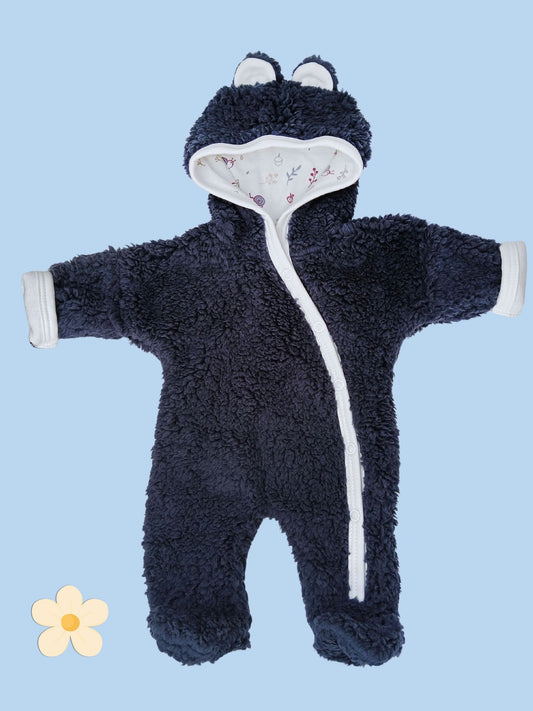 Tiny & Small Fluffy Pramsuit - Navy with Acorn Wood Fabric Hood Snowsuit / Pramsuit Tiny & Small 