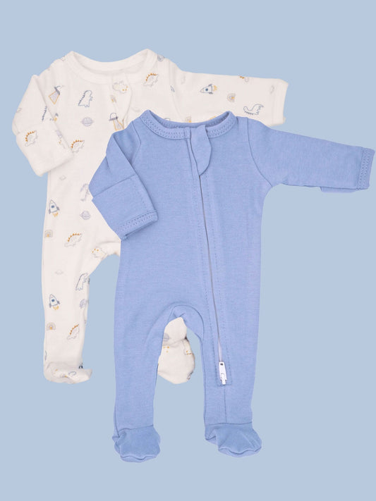 2 Pack Zipped Sleepsuits - Dinosaurs in Space