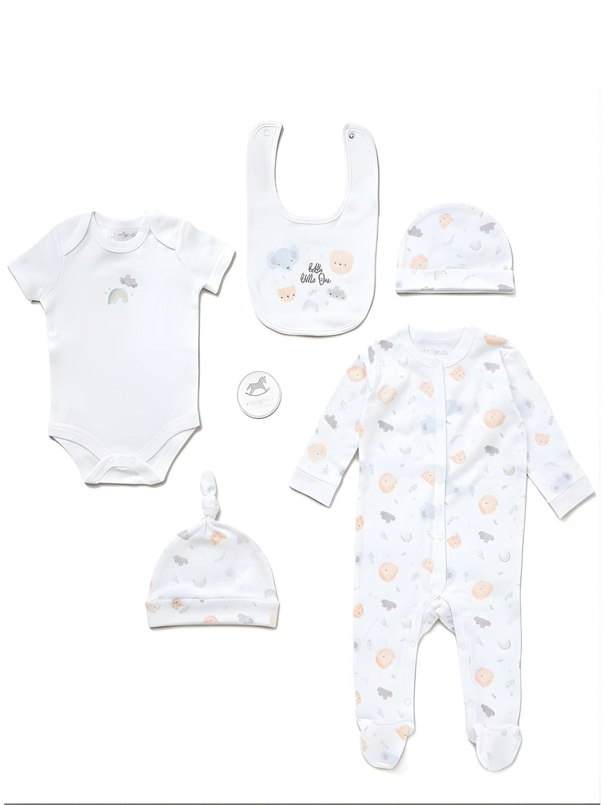 Hello Little One Animals 5 piece newborn layette gift set by Rock a Bye Baby