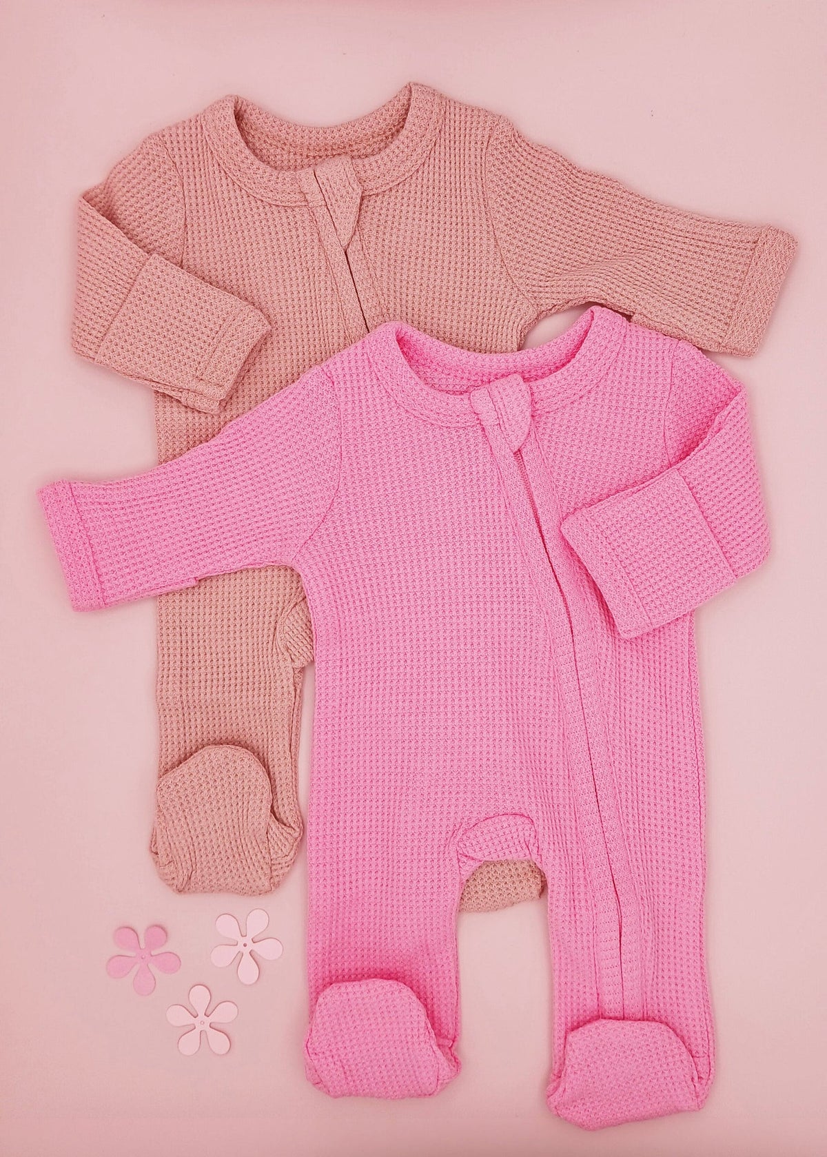 2 pack pink waffle zip sleepsuits by Little Dreamer, lifestyle shot