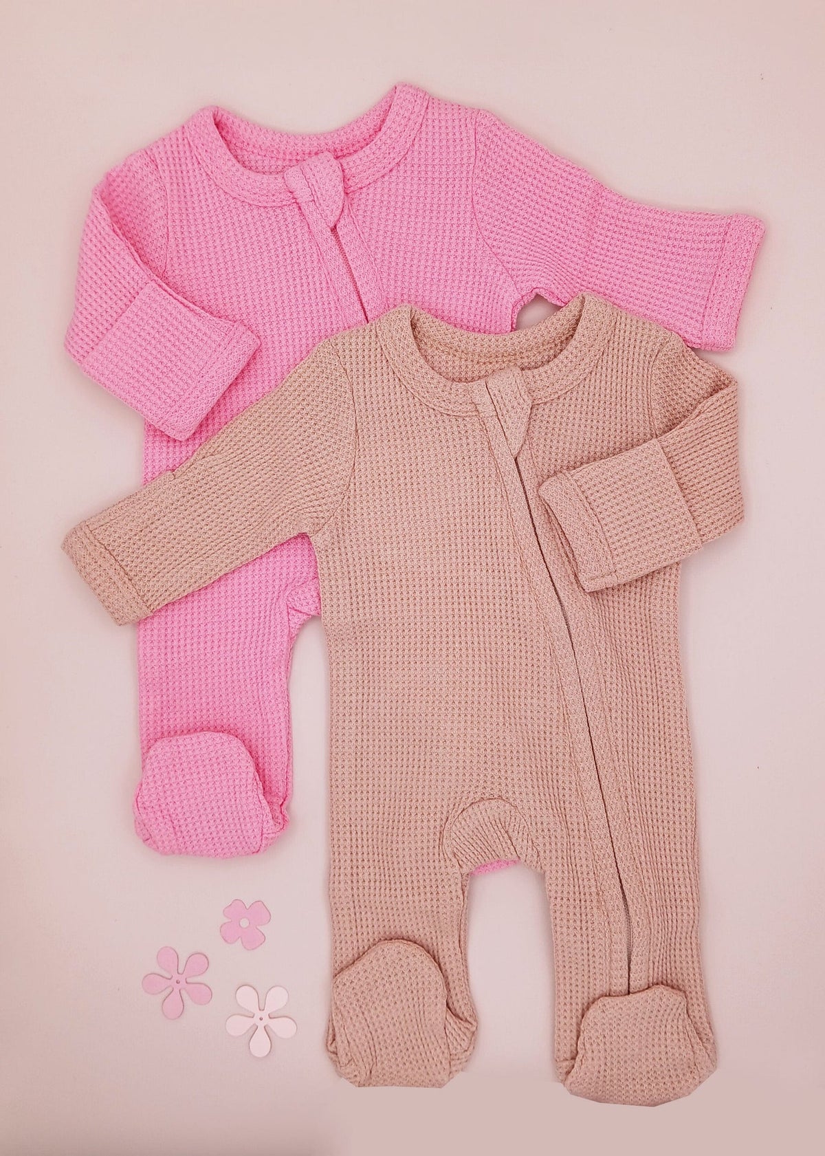 2 pack waffle zip sleepsuits with fold-over mitts in pink by Little Dreamer, front