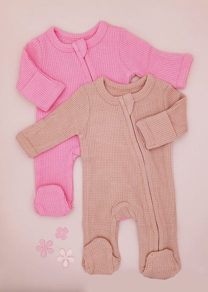 2 pack waffle zip sleepsuits with fold-over mitts in pink by Little Dreamer, front