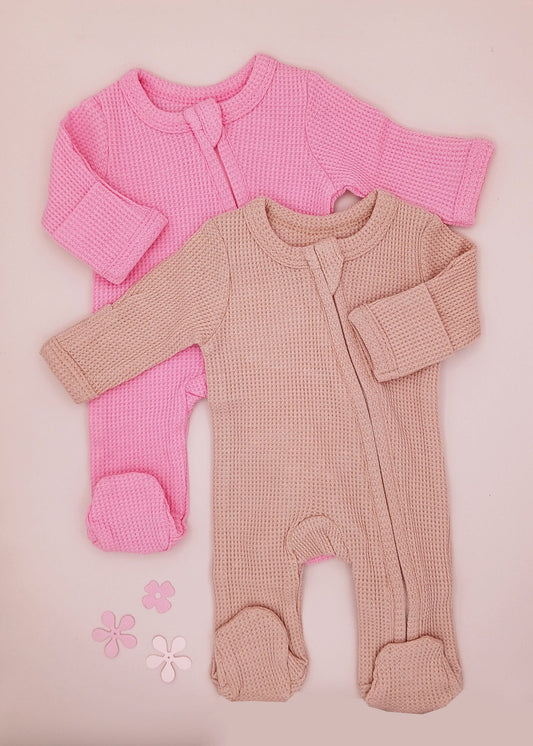 2 pack waffle zip sleepsuits with fold-over mitts in pink by Little Dreamer, front
