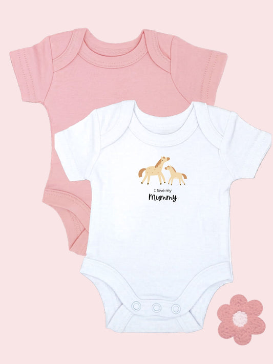 "I Love Mummy" horse motif white bodysuit and pink bodysuit set by Little Dreamer
