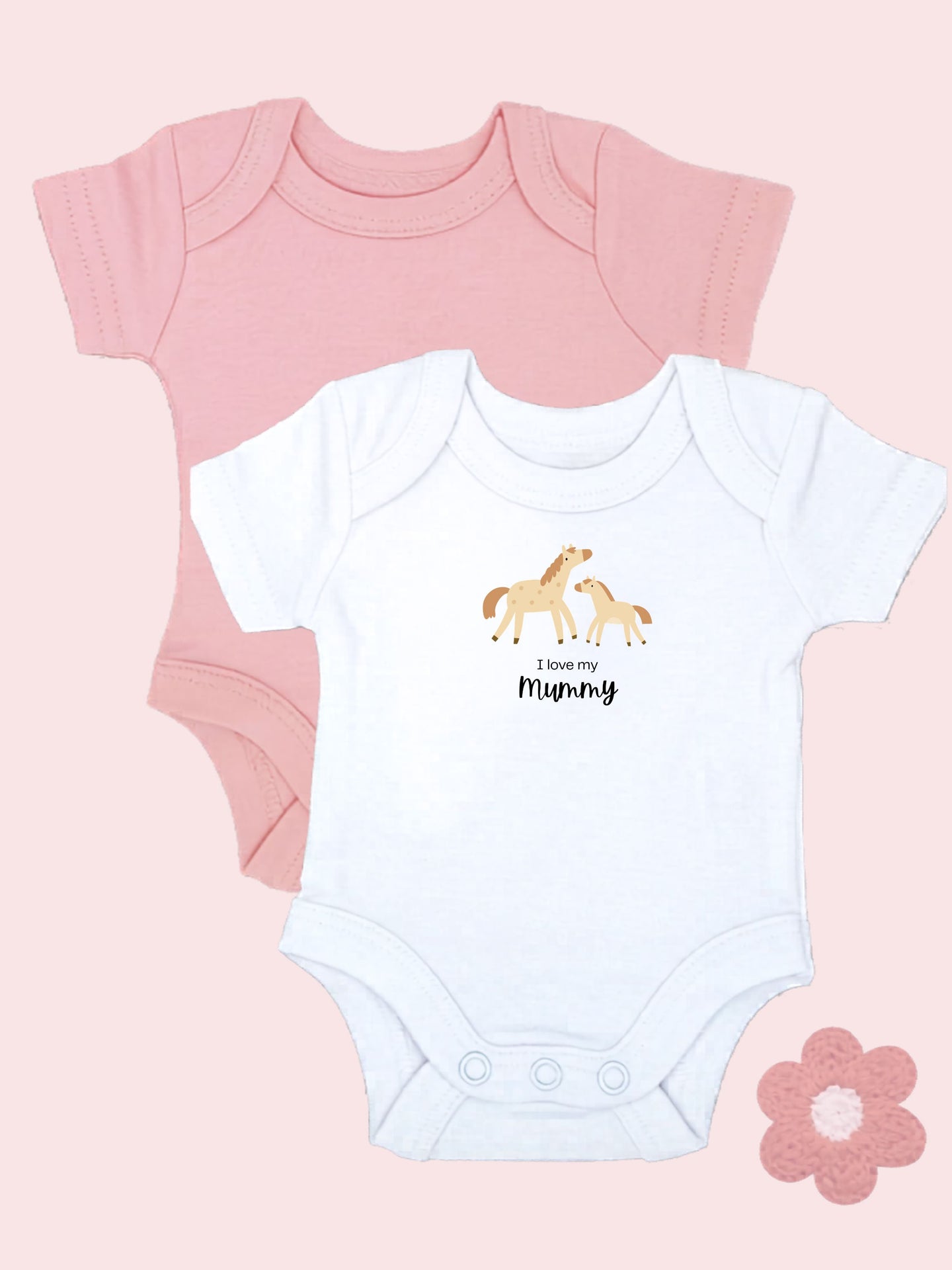 'I love Mummy' Horse Motif White Bodysuit & Plain Pink Bodysuit Set Bodysuit / Vest Little Dreamer 