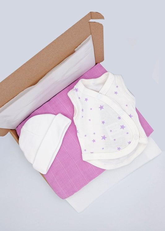 Purple Stars Gift Box - Incubator Vest, Hat & Muslin Little Mouse Baby Clothing & Gifts