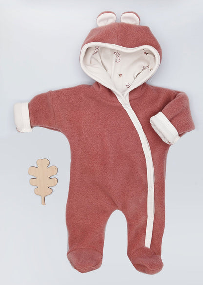 Tiny Baby Pramsuit - Fleece, Raspberry Pink with Rabbit Fabric Hood Tiny & Small