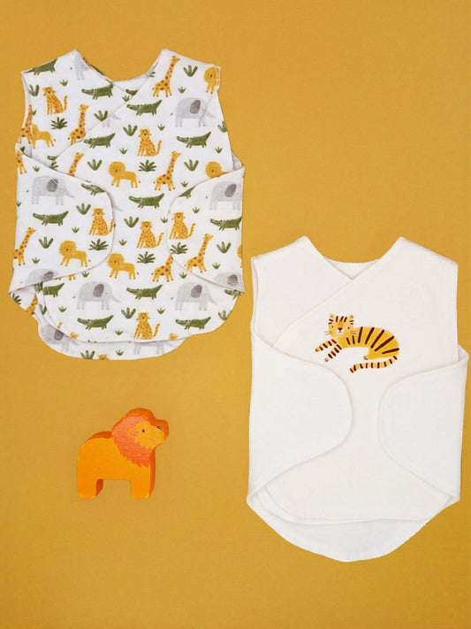 Safari Dreams organic cotton neonatal vest 2 pack by Little Dreamer, front