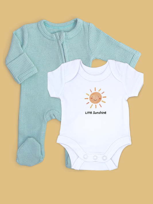 Mint zipped Sleepsuit & 'Little Sunshine' Motif Bodysuit Set.