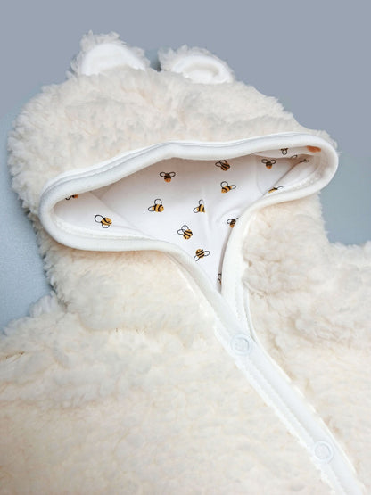 Tiny & Small Fluffy Pramsuit - Cream with Busy Bee Fabric Hood Snowsuit / Pramsuit Tiny & Small 