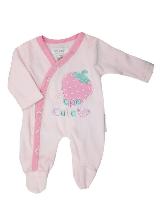 Velour 'Super Cute' Strawberry Sleepsuit - Pink Sleepsuit / Babygrow Tiny Baby 