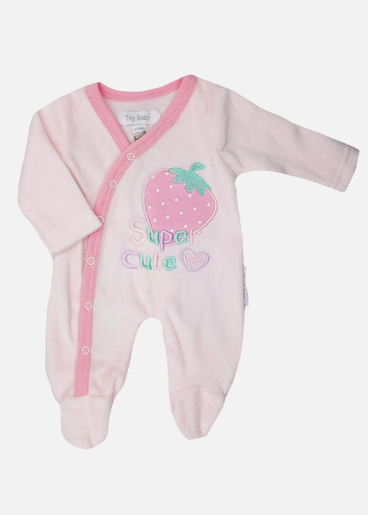 Velour 'Super Cute' Strawberry Sleepsuit - Pink Sleepsuit / Babygrow Tiny Baby 