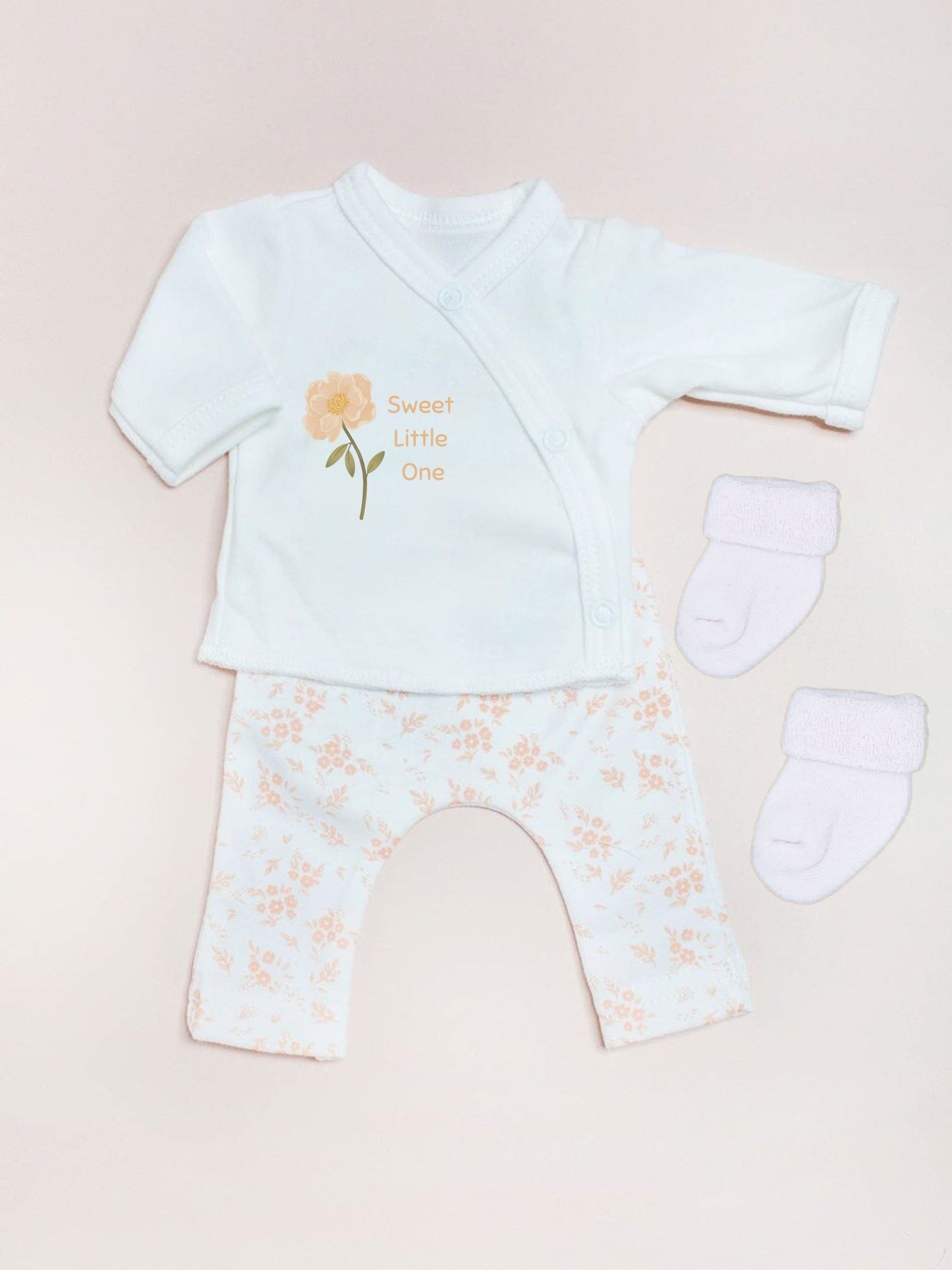 2 Piece Cream wrap top with 'Sweet Little One' Motif & Apricot Floral trouser set, Organic Cotton Top & Trousers Tiny & Small 